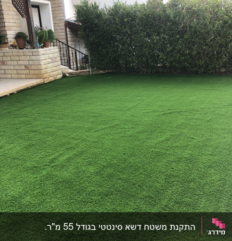 דשא ירוק מלאכותי עם עציצים על מדרגות